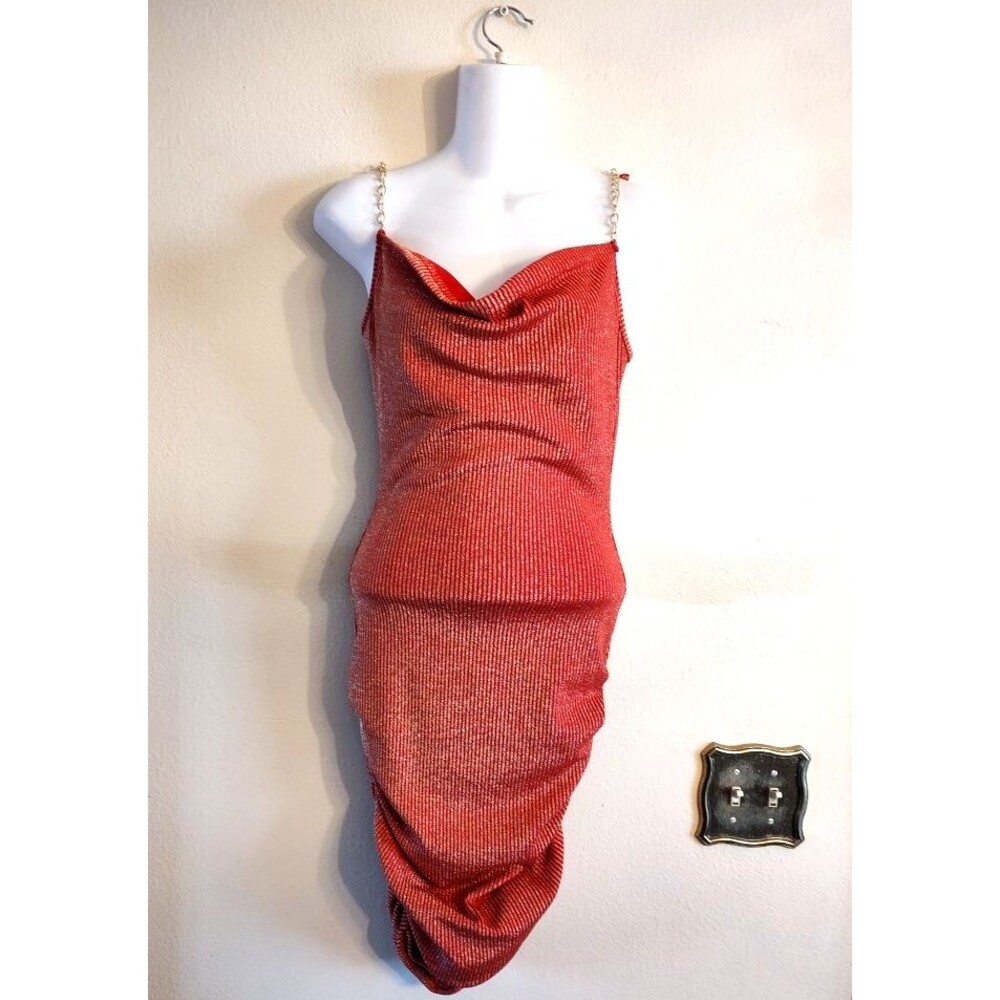 Nice Women's Orange Metallic Glitter Cowl Neck Midi Party Dress Size S
